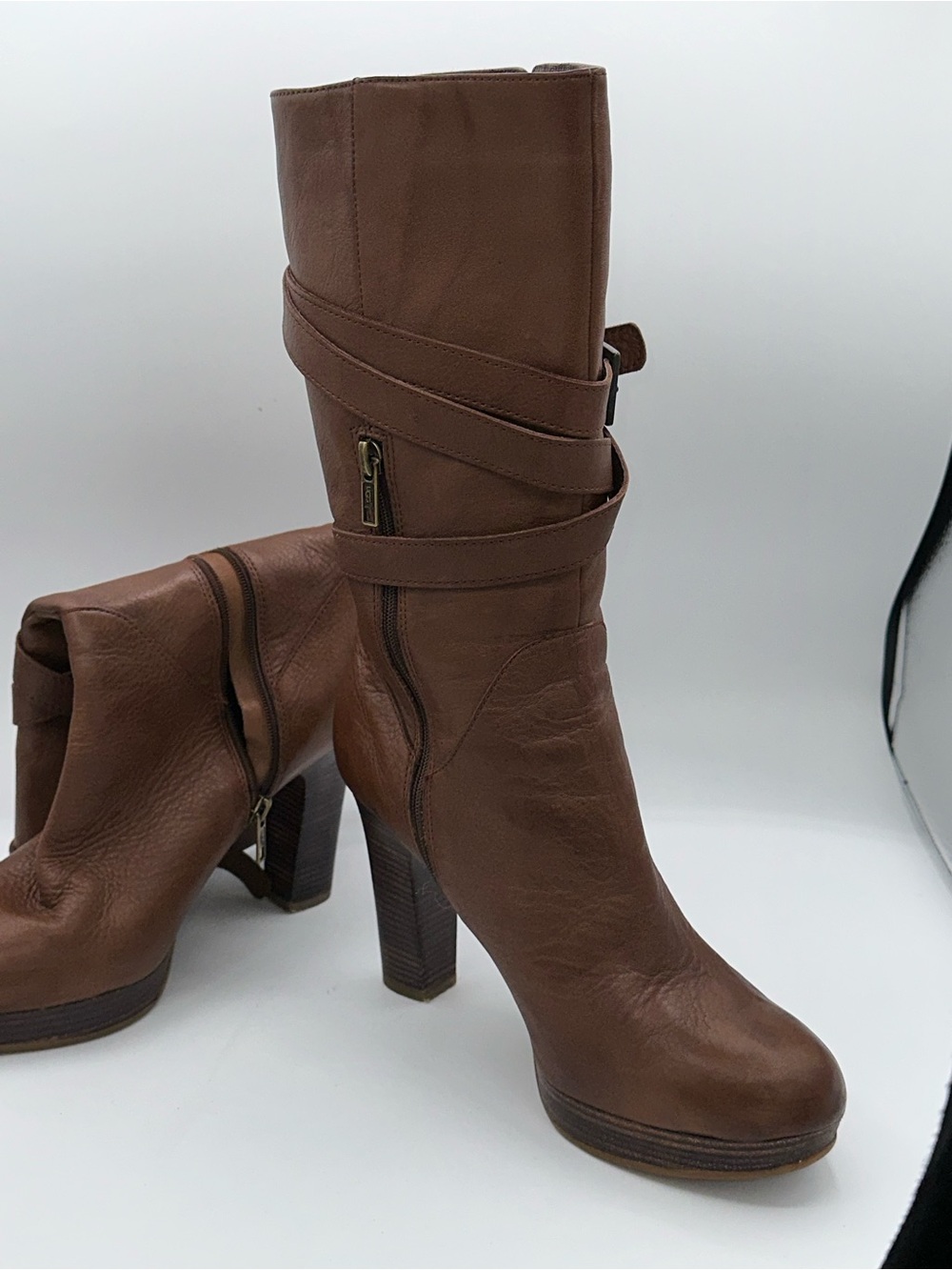 UGG Jardin brown leather mid-calf platform boots High Heel Size 9 AA27 - Picture 3 of 7